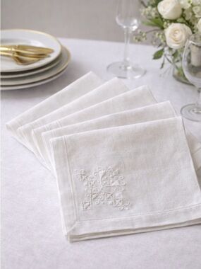 Vintage White Linen Napkins Hand Embroidered Cutwork Lace Heirloom Wedding 6 Ct